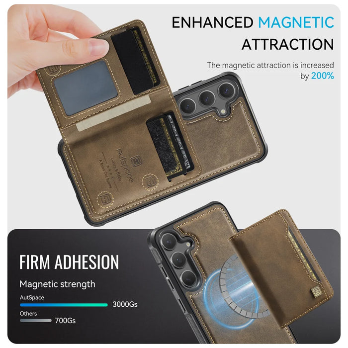 AUTSPACE For Samsung Galaxy S25+ / Galaxy S24+ Case  A13 Vintage Leather Back Cover with Magnetic Detachable Card Bag - Coffee - 6