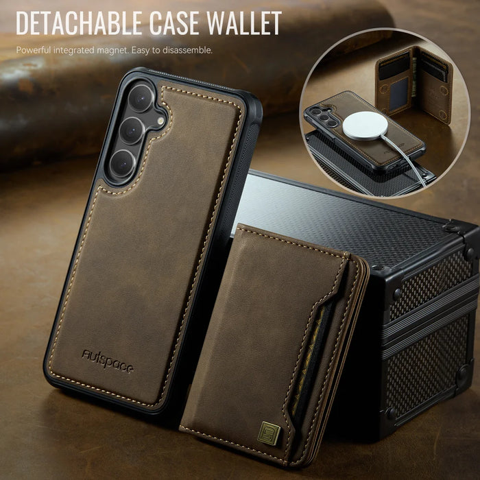 AUTSPACE For Samsung Galaxy S25+ / Galaxy S24+ Case  A13 Vintage Leather Back Cover with Magnetic Detachable Card Bag - Coffee - 7