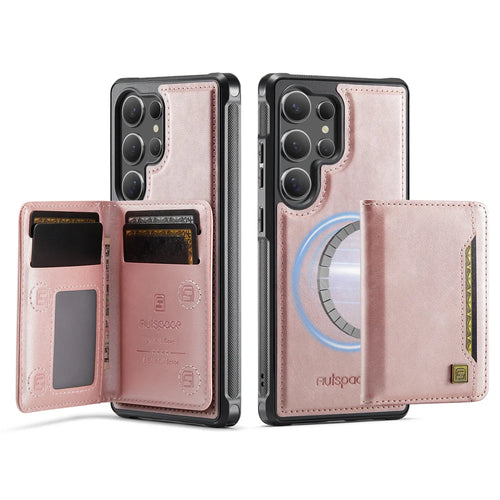AUTSPACE For Samsung Galaxy S24 Ultra Case  A13 Vintage Leather Back Cover with Magnetic Detachable Card Bag - Rose Gold - 1