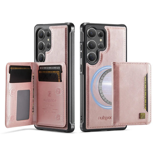 AUTSPACE For Samsung Galaxy S24 Ultra Case  A13 Vintage Leather Back Cover with Magnetic Detachable Card Bag - Rose Gold - 1