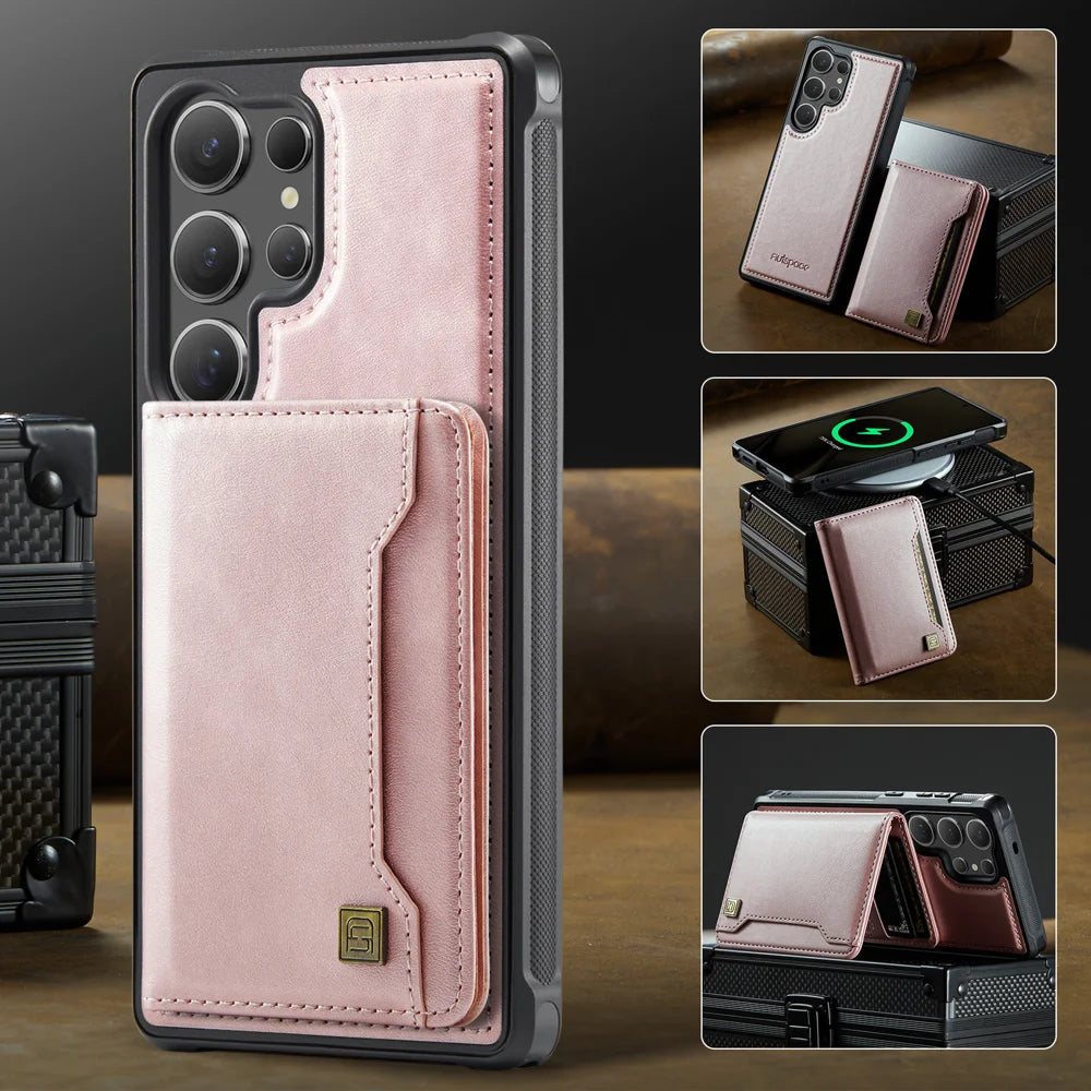 AUTSPACE For Samsung Galaxy S24 Ultra Case  A13 Vintage Leather Back Cover with Magnetic Detachable Card Bag - Rose Gold - 4