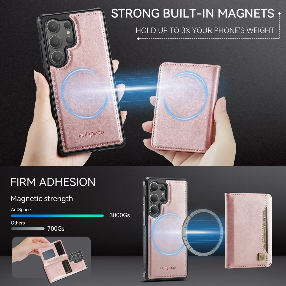 AUTSPACE For Samsung Galaxy S24 Ultra Case  A13 Vintage Leather Back Cover with Magnetic Detachable Card Bag - Rose Gold - 5