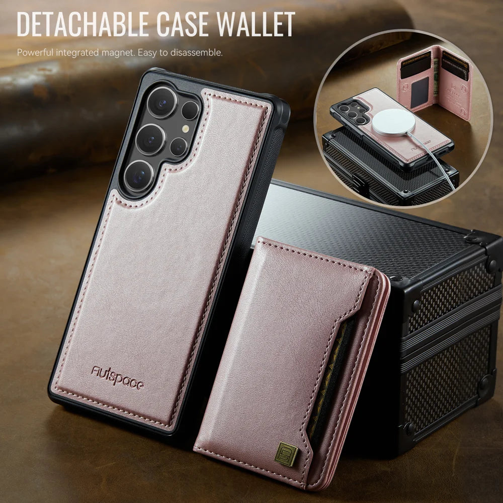 AUTSPACE For Samsung Galaxy S24 Ultra Case  A13 Vintage Leather Back Cover with Magnetic Detachable Card Bag - Rose Gold - 7