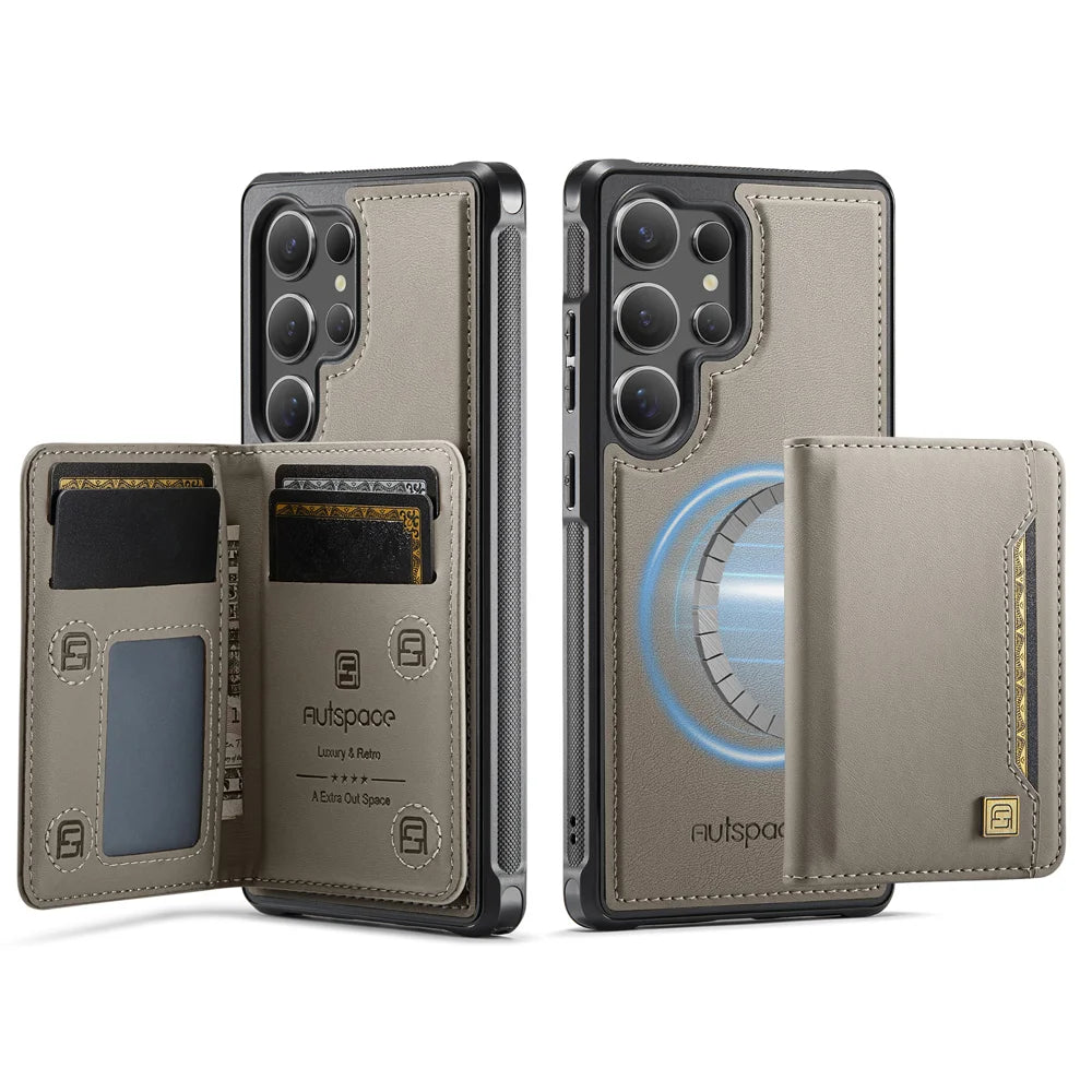 AUTSPACE For Samsung Galaxy S25 Ultra Case  A13 Vintage Leather Back Cover with Magnetic Detachable Card Bag - Grey - 1