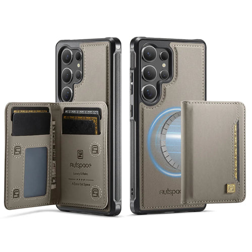 AUTSPACE For Samsung Galaxy S25 Ultra Case  A13 Vintage Leather Back Cover with Magnetic Detachable Card Bag - Grey - 1