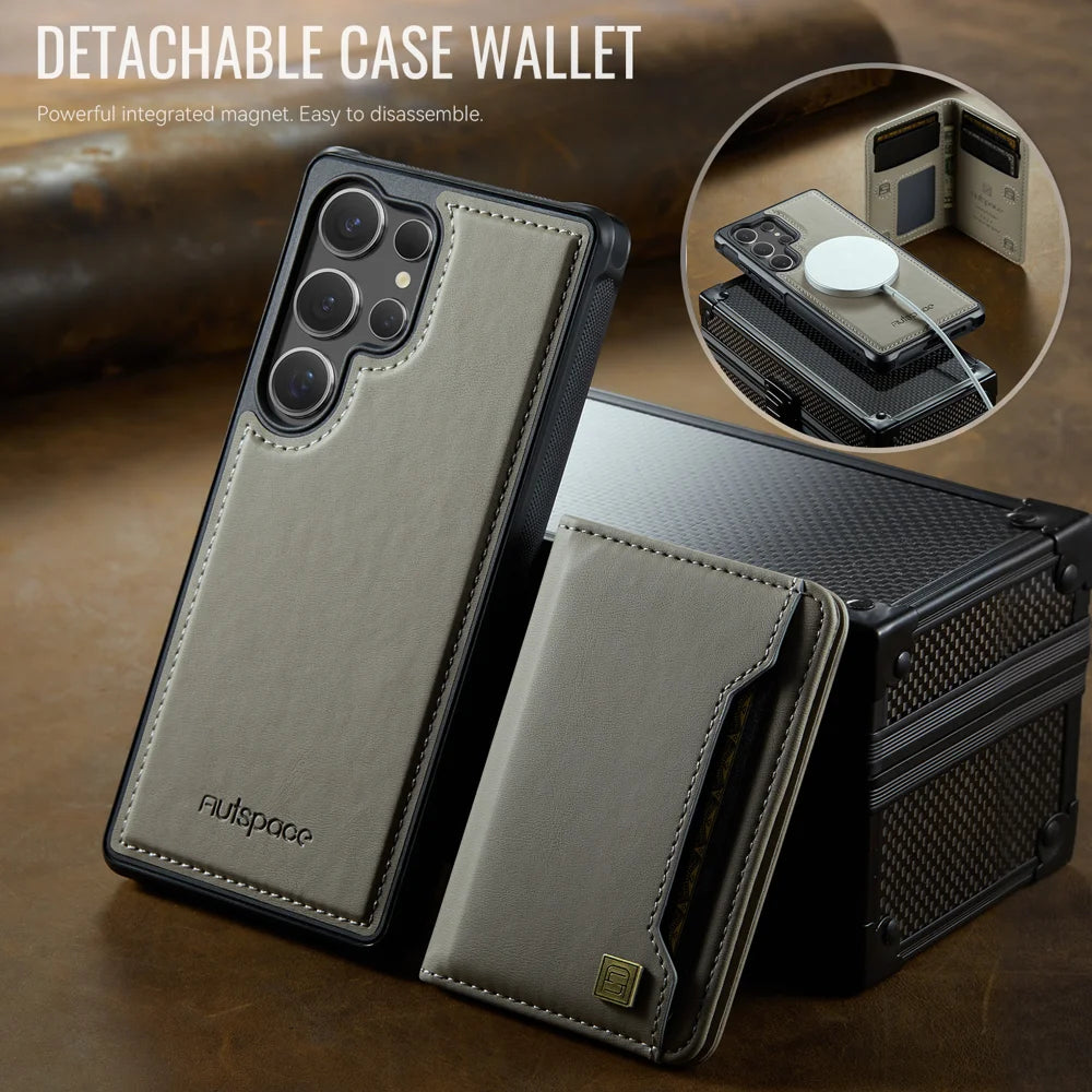 AUTSPACE For Samsung Galaxy S25 Ultra Case  A13 Vintage Leather Back Cover with Magnetic Detachable Card Bag - Grey - 7
