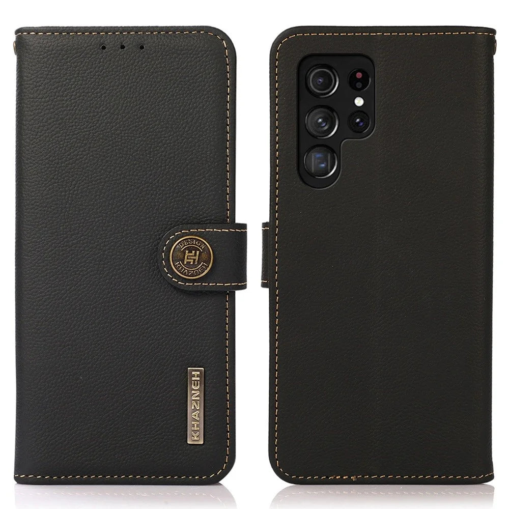 KHAZNEH For Samsung Galaxy S23 Ultra Genuine Leather RFID Blocking Wallet Cover Foldable Stand Full Protection Case - Black - 1