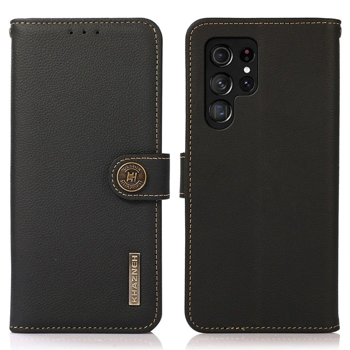 KHAZNEH For Samsung Galaxy S23 Ultra Genuine Leather RFID Blocking Wallet Cover Foldable Stand Full Protection Case - Black - 1