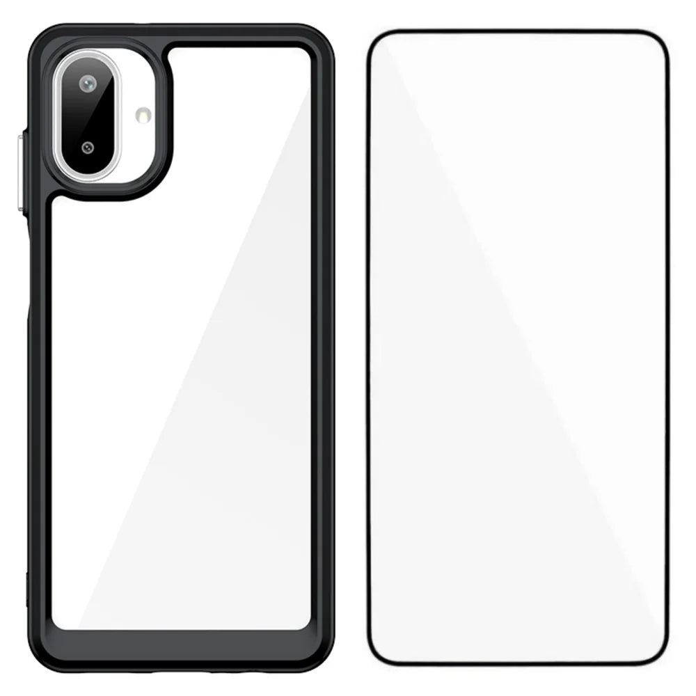 WANLONFENG For Samsung Galaxy A08 4G / A07 4G Phone Case  XC Series TPU Acrylic Cover with Tempered Glass (Big Lens Hole) - Black - 1