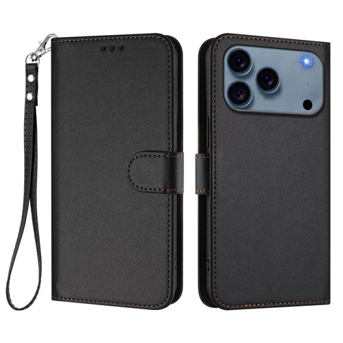 For iPhone 18 Pro Max / 17 Pro Max Leather Case Wallet Stand Phone Cover with Wrist Strap - Black - 1