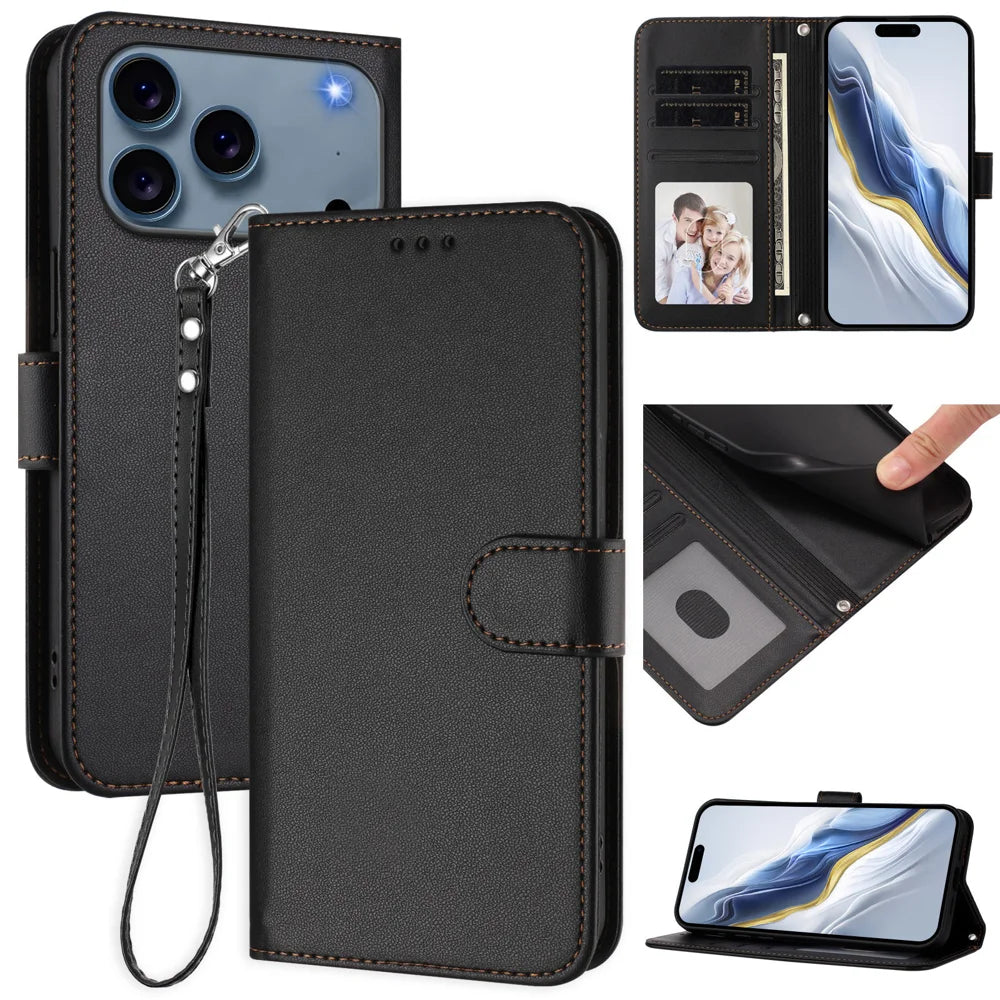 For iPhone 18 Pro Max / 17 Pro Max Leather Case Wallet Stand Phone Cover with Wrist Strap - Black - 2
