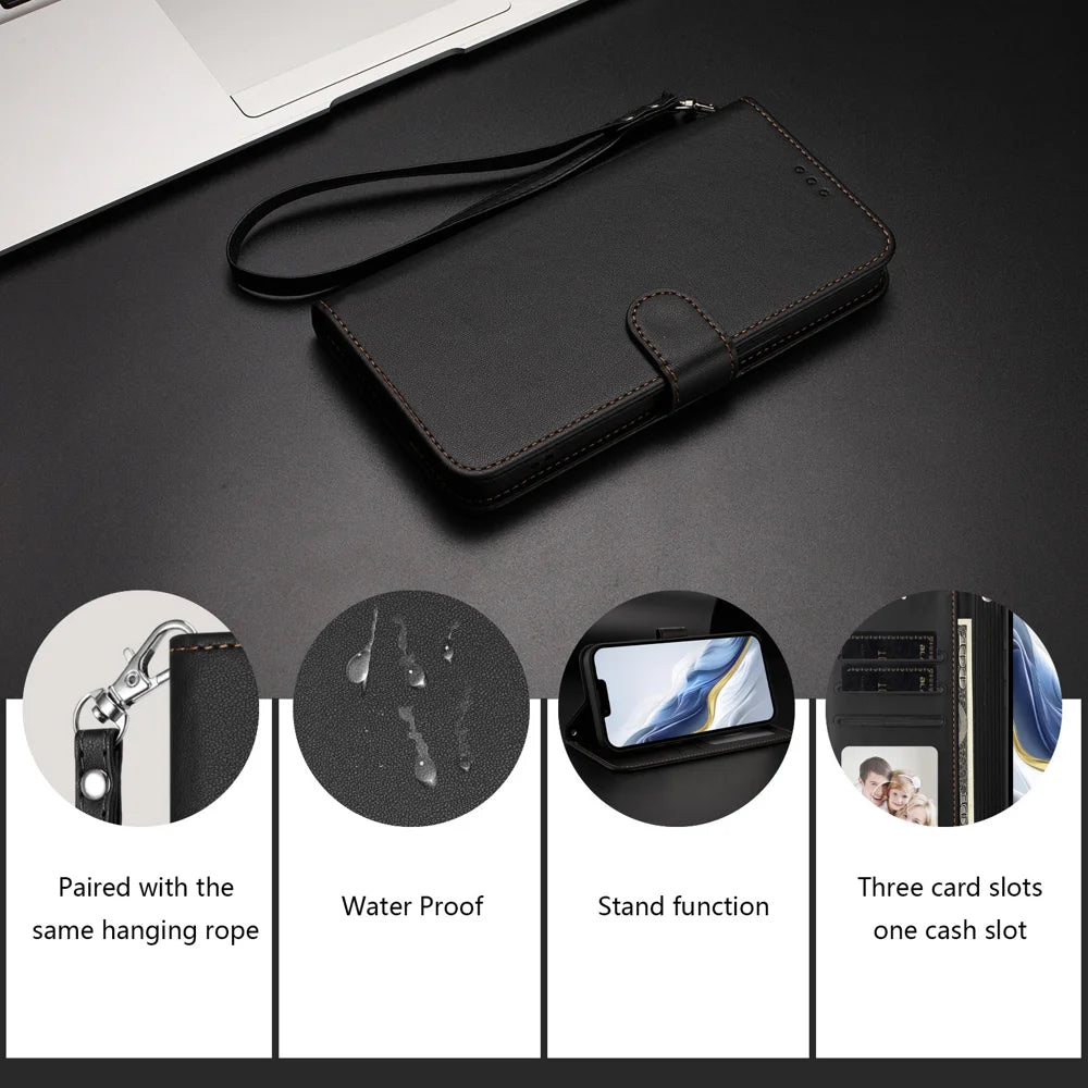 For iPhone 18 Pro Max / 17 Pro Max Leather Case Wallet Stand Phone Cover with Wrist Strap - Black - 6