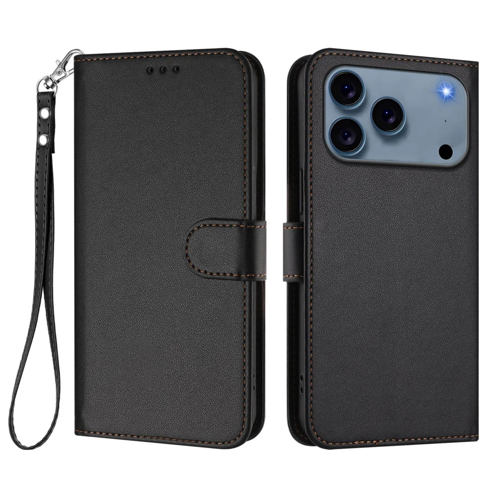 For iPhone 18 Pro / 17 Pro Leather Case Wallet Stand Phone Cover with Wrist Strap - Black - 1