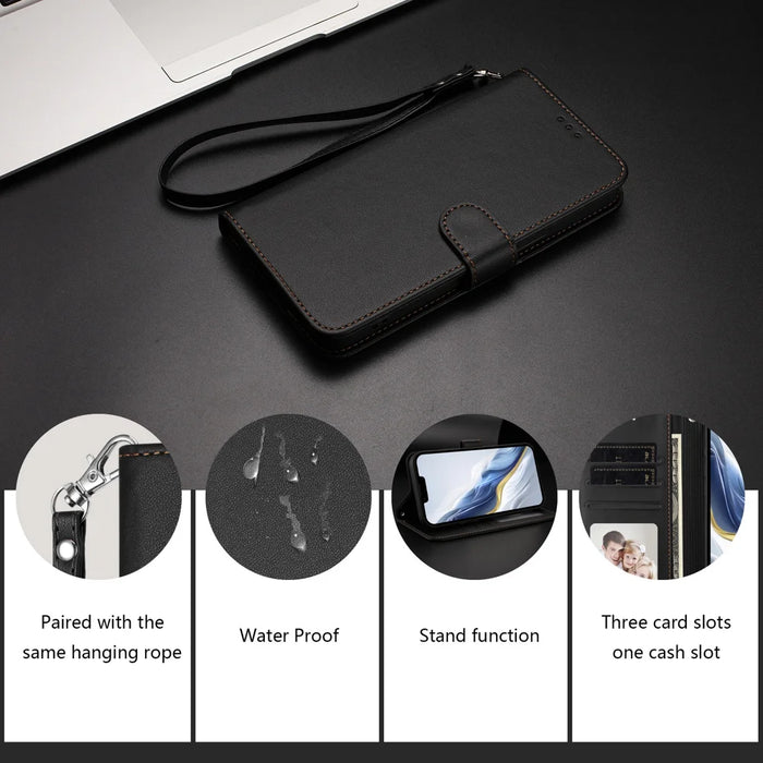 For iPhone 18 Pro / 17 Pro Leather Case Wallet Stand Phone Cover with Wrist Strap - Black - 6