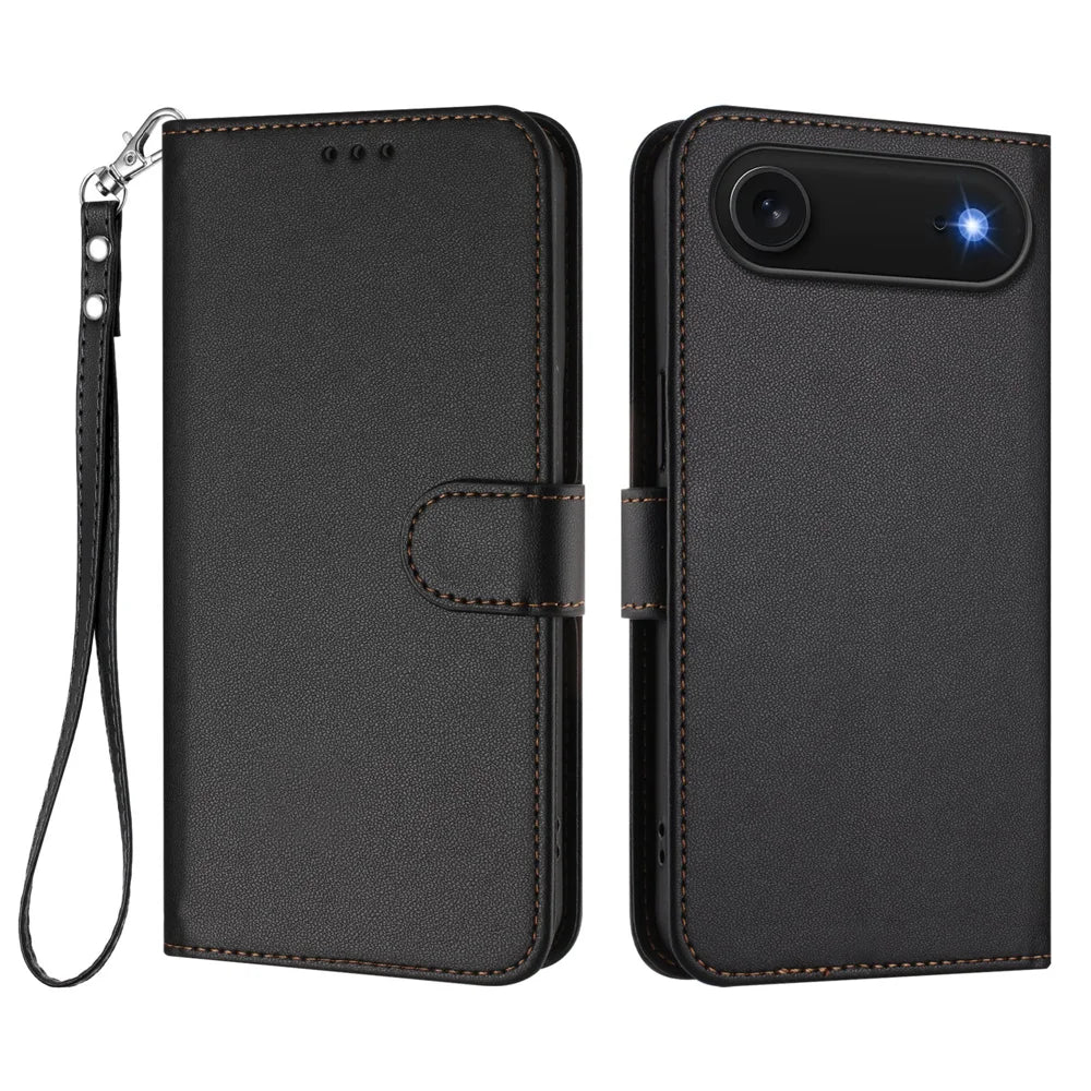 For iPhone Air Leather Case Wallet Stand Phone Cover with Wrist Strap - Black - 1