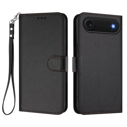 For iPhone Air Leather Case Wallet Stand Phone Cover with Wrist Strap - Black - 1
