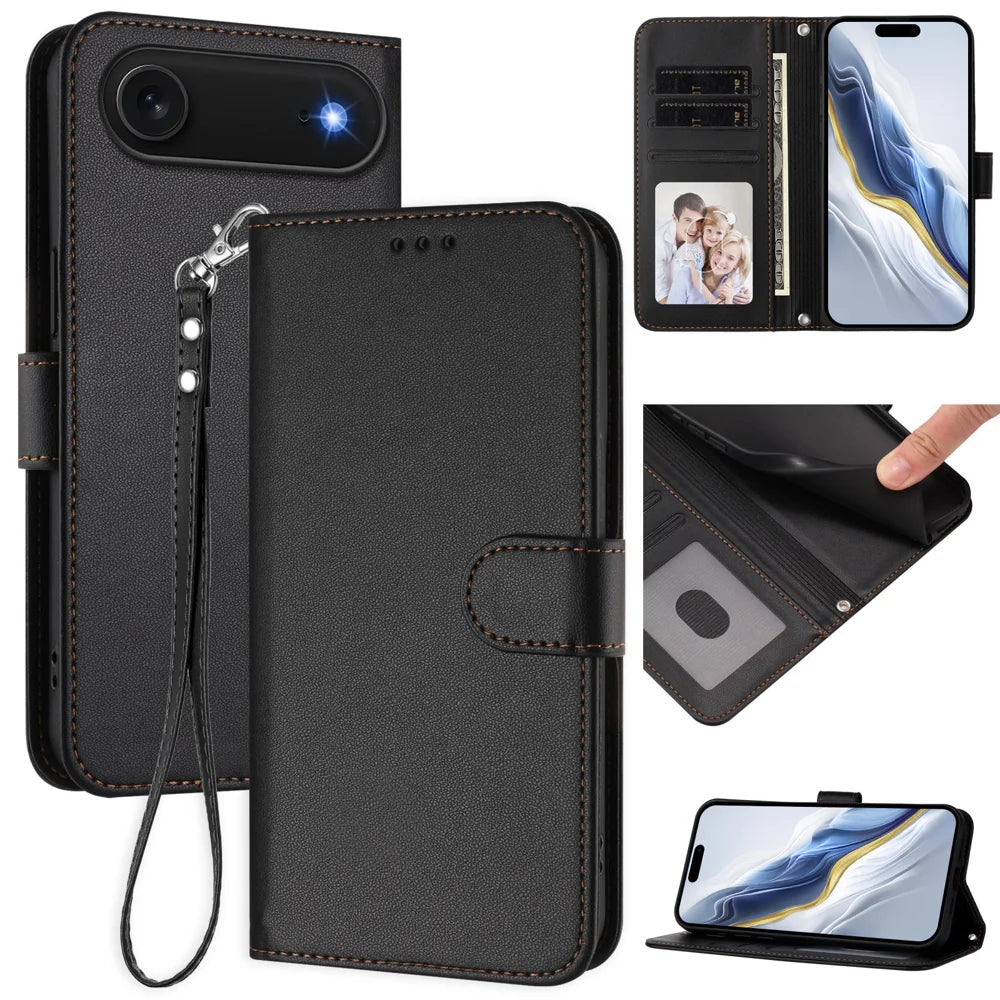 For iPhone Air Leather Case Wallet Stand Phone Cover with Wrist Strap - Black - 2