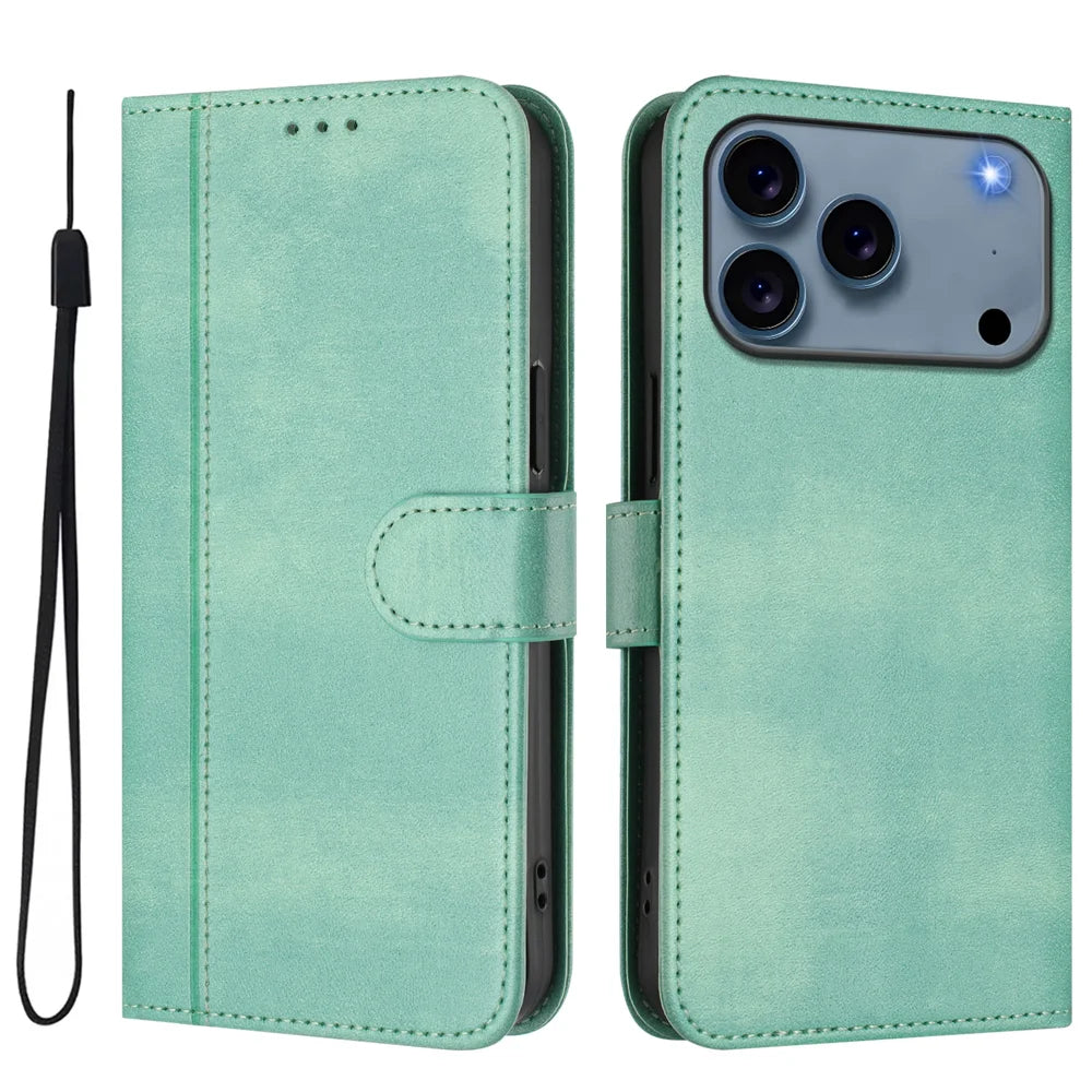 For iPhone 18 Pro / 17 Pro Cases Wallet Stand Retro Texture Leather Phone Cover with Lanyard - Mint Green - 1