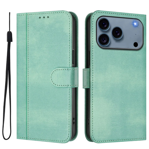For iPhone 18 Pro / 17 Pro Cases Wallet Stand Retro Texture Leather Phone Cover with Lanyard - Mint Green - 1
