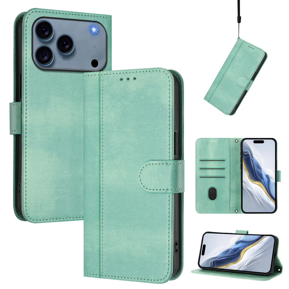 For iPhone 18 Pro / 17 Pro Cases Wallet Stand Retro Texture Leather Phone Cover with Lanyard - Mint Green - 2