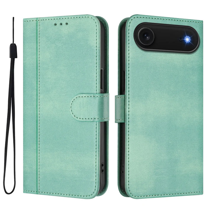 For iPhone Air Cases Wallet Stand Retro Texture Leather Phone Cover with Lanyard - Mint Green - 1
