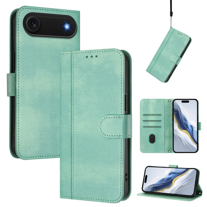For iPhone Air Cases Wallet Stand Retro Texture Leather Phone Cover with Lanyard - Mint Green - 2