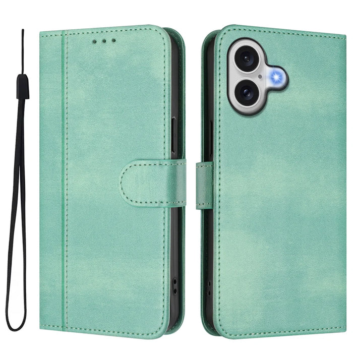 For iPhone 17 Cases Wallet Stand Retro Texture Leather Phone Cover with Lanyard - Mint Green - 1