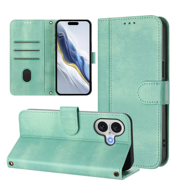 For iPhone 17 Cases Wallet Stand Retro Texture Leather Phone Cover with Lanyard - Mint Green - 3