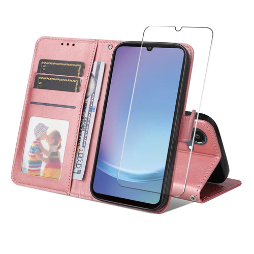 ENKAY HAT PRINCE For Samsung Galaxy A07 4G PU Leather Wallet Case   Phone Stand Cover with Tempered Glass - Pink - 1