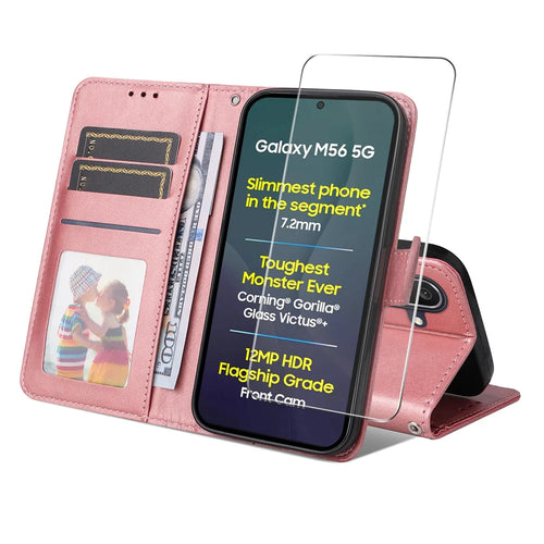 ENKAY HAT PRINCE For Samsung Galaxy M56 5G PU Leather Wallet Case   Phone Stand Cover with Tempered Glass - Pink - 1