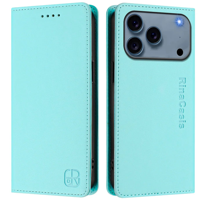 For iPhone 18 Pro Max / 17 Pro Max Leather Case RINACASIS RC01 Phone Cover with RFID Blocking Wallet Stand - Mint Green - 1
