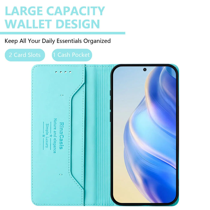 For iPhone 18 Pro Max / 17 Pro Max Leather Case RINACASIS RC01 Phone Cover with RFID Blocking Wallet Stand - Mint Green - 5