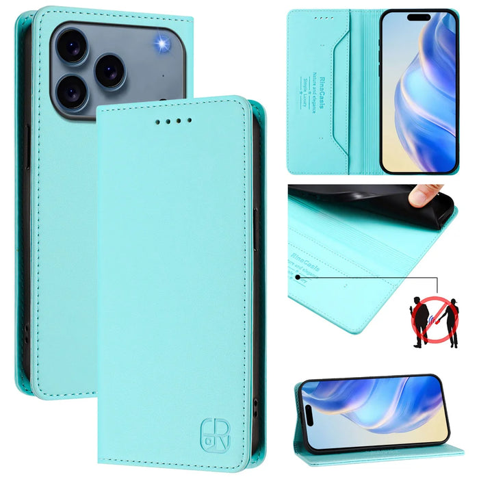 For iPhone 18 Pro / 17 Pro Leather Case RINACASIS RC01 Phone Cover with RFID Blocking Wallet Stand - Mint Green - 2