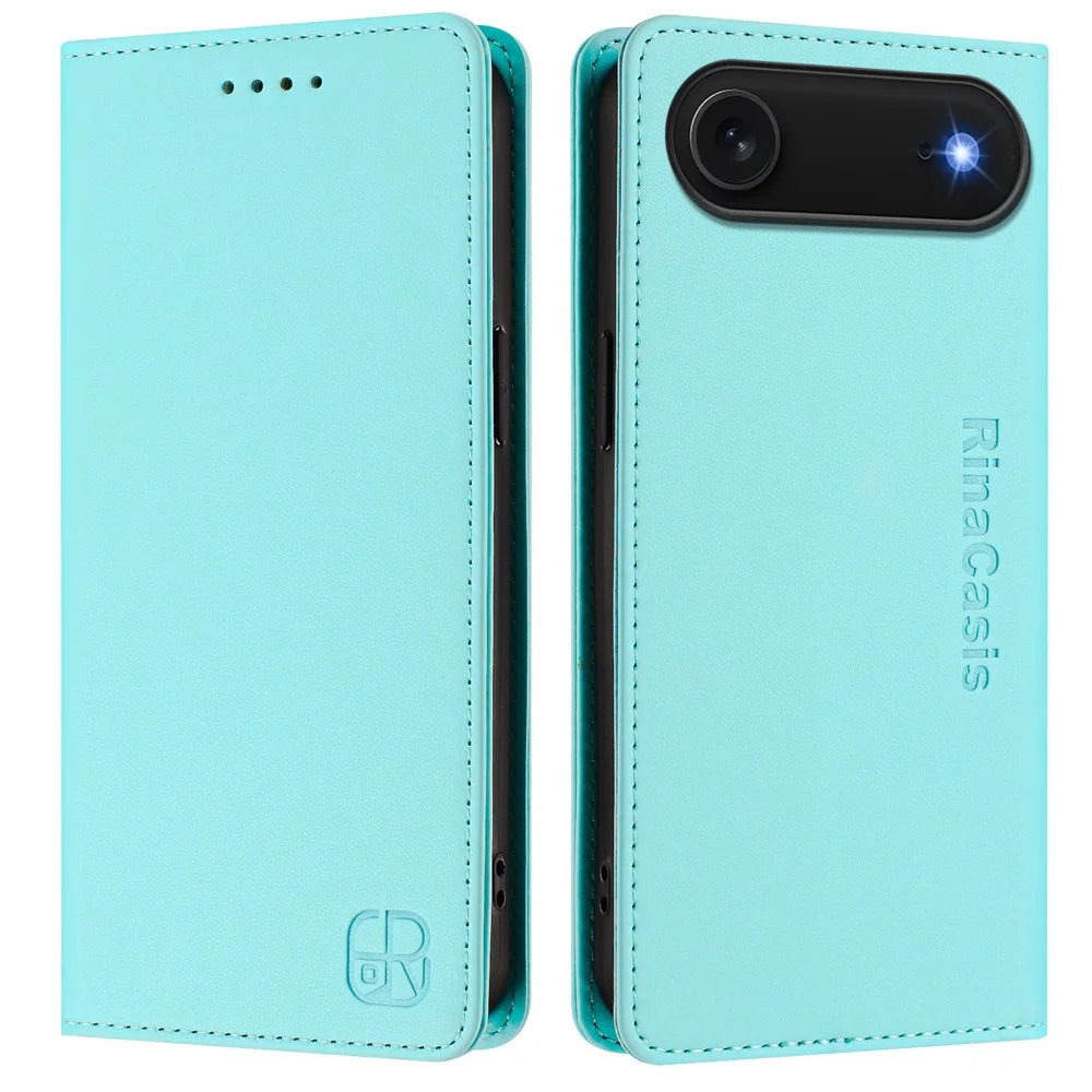 For iPhone Air Leather Case RINACASIS RC01 Phone Cover with RFID Blocking Wallet Stand - Mint Green - 1