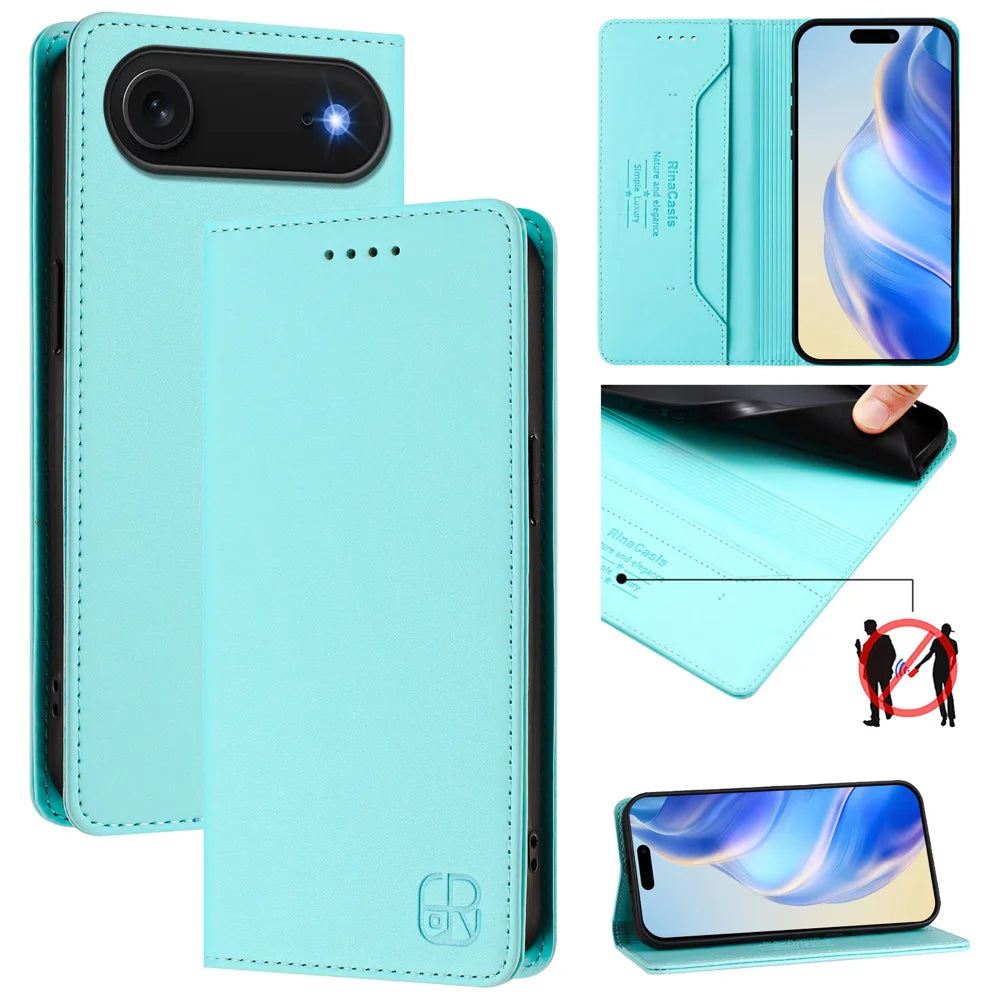 For iPhone Air Leather Case RINACASIS RC01 Phone Cover with RFID Blocking Wallet Stand - Mint Green - 2