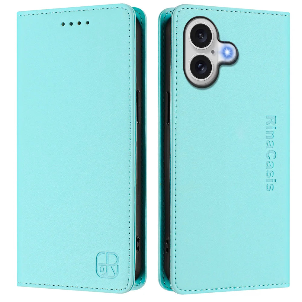 For iPhone 17 Leather Case RINACASIS RC01 Phone Cover with RFID Blocking Wallet Stand - Mint Green - 1