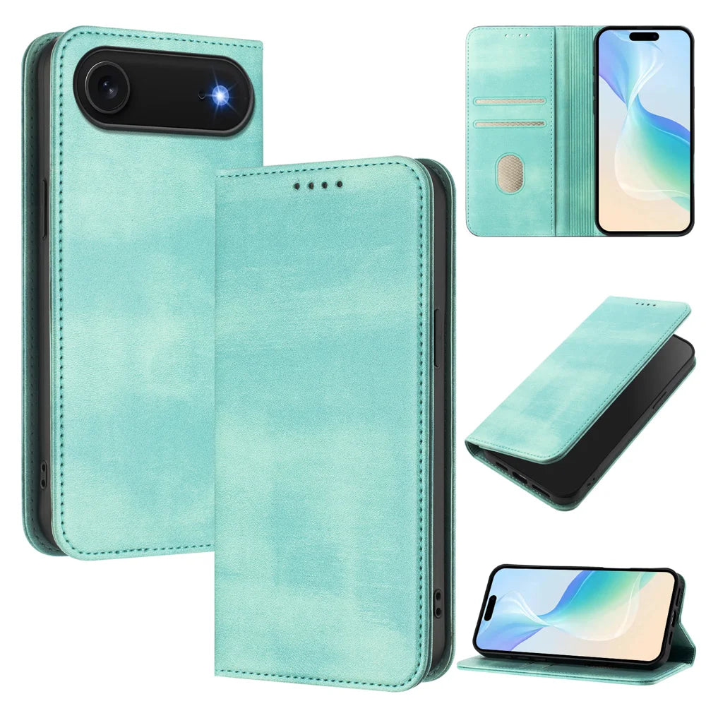 For iPhone Air Wallet Cases Retro Texture RFID Blocking Leather Phone Cover - Mint Green - 2