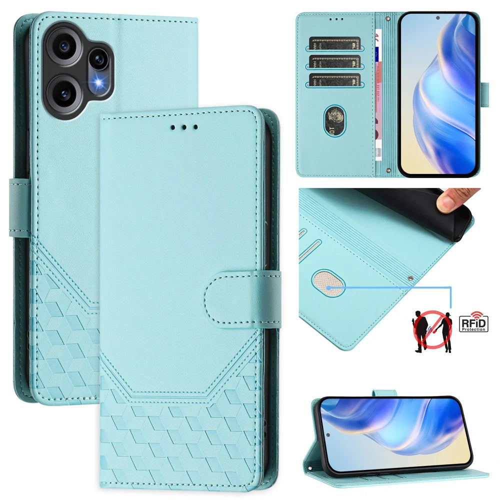 For Nothing CMF Phone 2 Pro Case Imprinted Honeycomb RFID Blocking Leather Phone Cover with Strap - Mint Green - 5