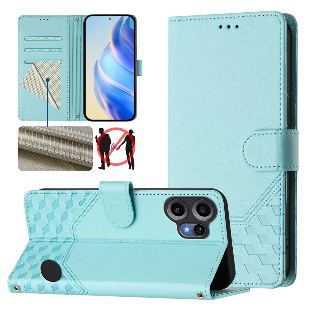 For Nothing CMF Phone 2 Pro Case Imprinted Honeycomb RFID Blocking Leather Phone Cover with Strap - Mint Green - 6