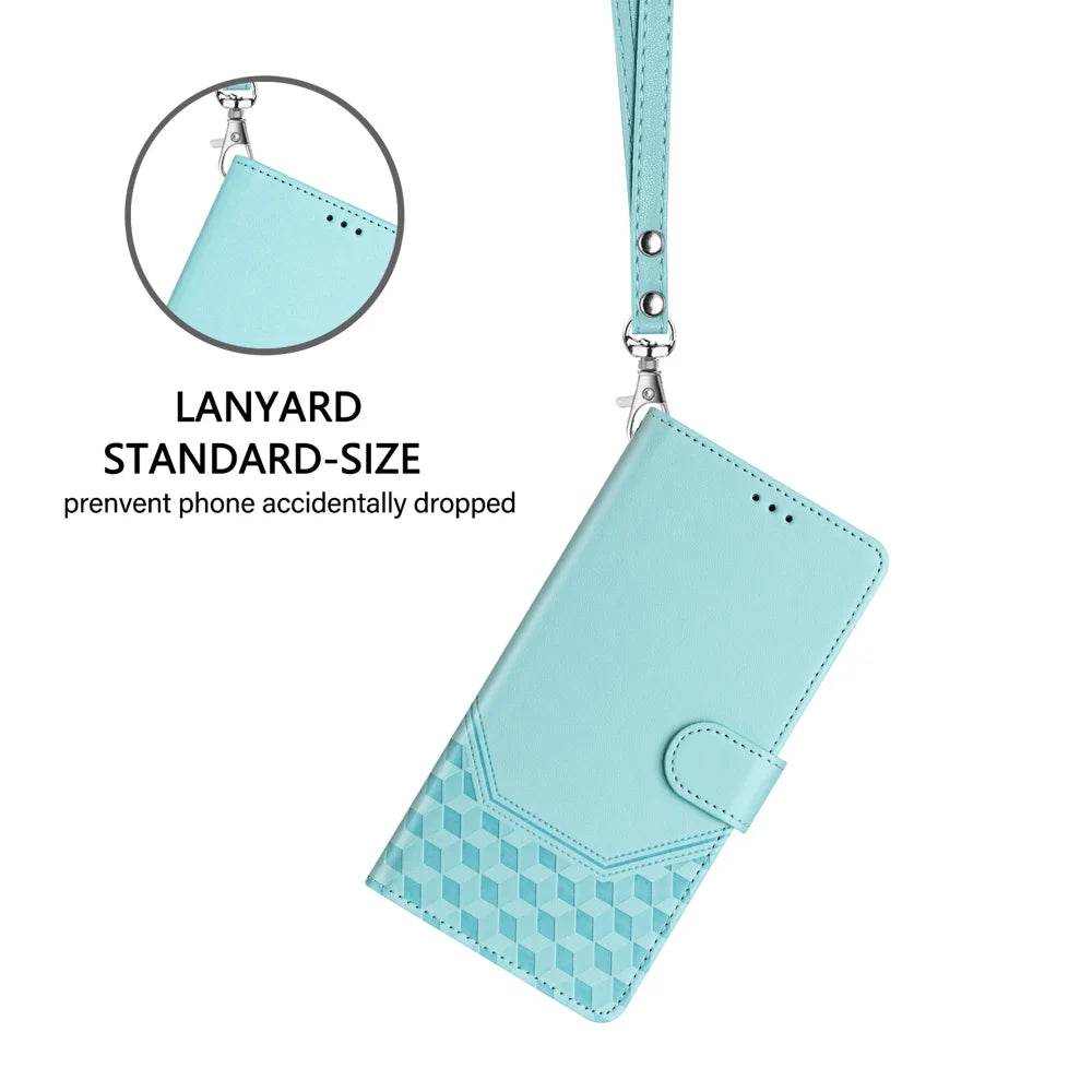 For iPhone 18 Pro Max / 17 Pro Max Case Imprinted Honeycomb RFID Blocking Leather Phone Cover with Strap - Mint Green - 2
