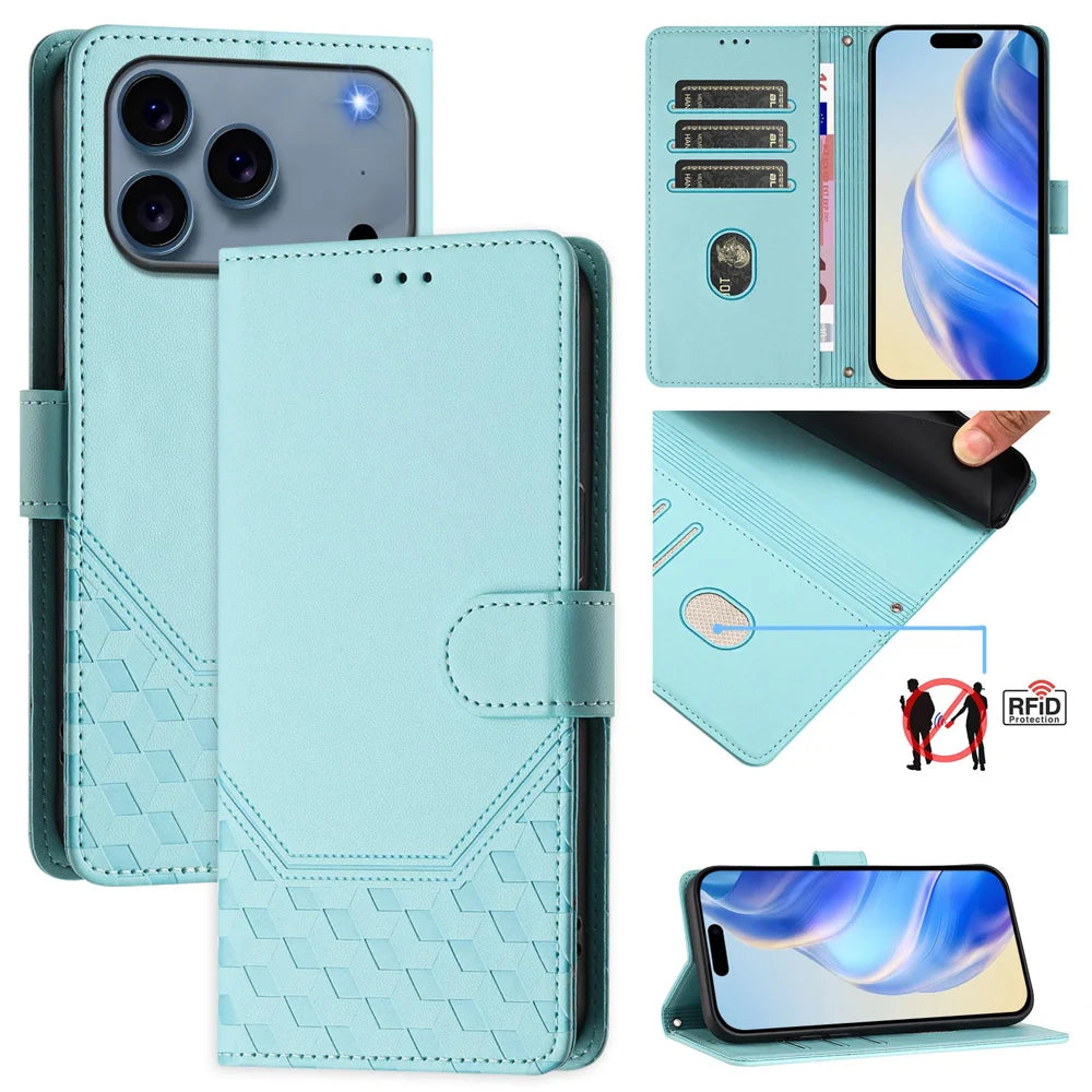 For iPhone 18 Pro Max / 17 Pro Max Case Imprinted Honeycomb RFID Blocking Leather Phone Cover with Strap - Mint Green - 5