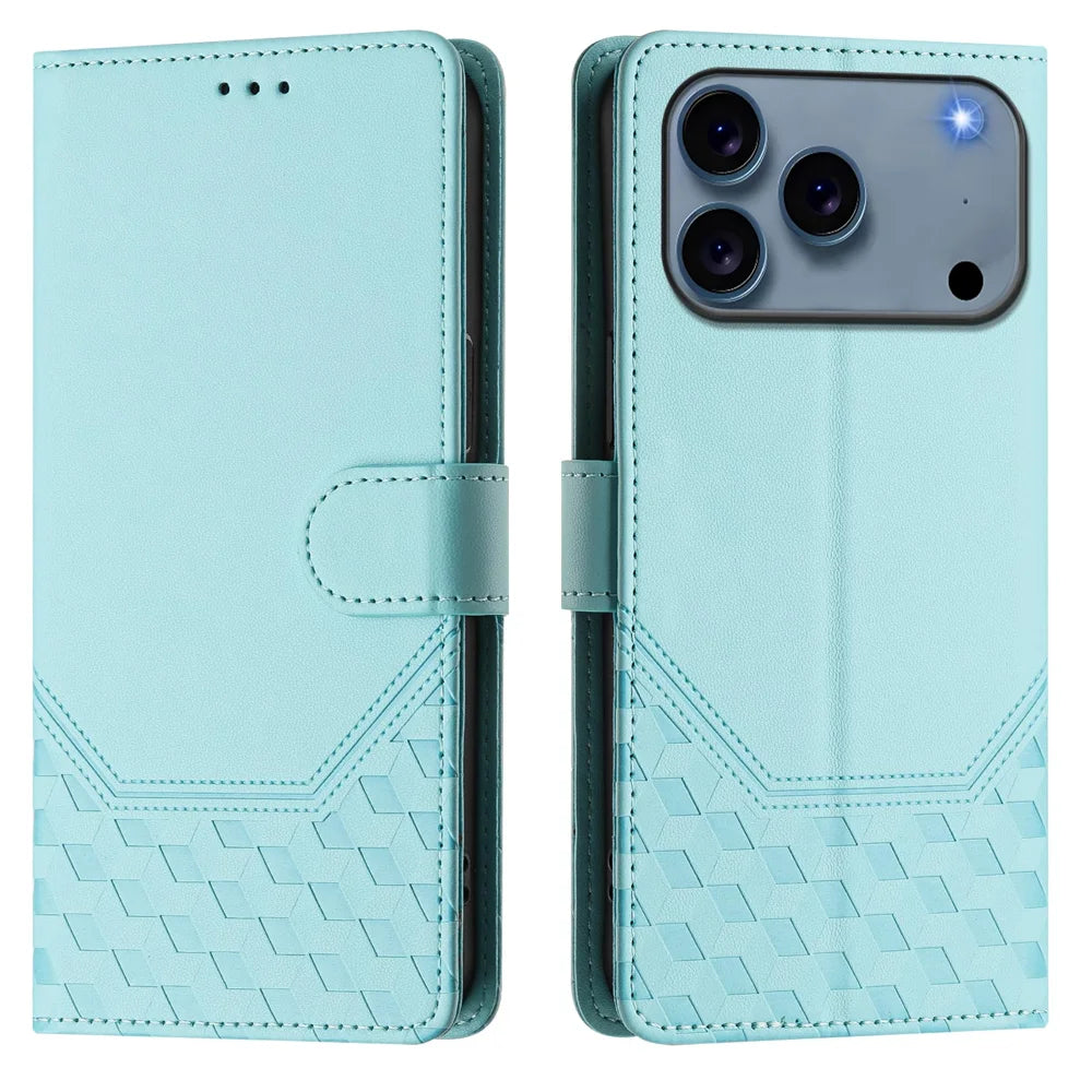 For iPhone 18 Pro / 17 Pro Case Imprinted Honeycomb RFID Blocking Leather Phone Cover with Strap - Mint Green - 1