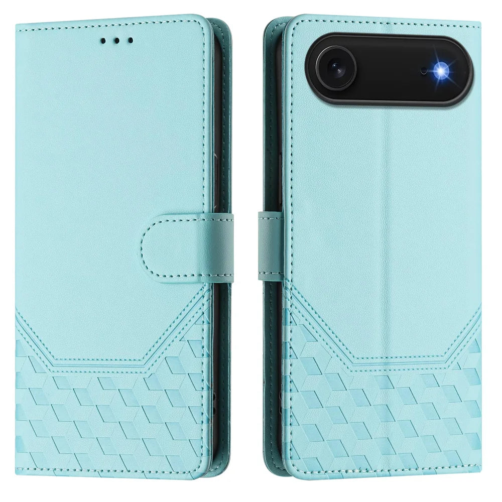 For iPhone Air Case Imprinted Honeycomb RFID Blocking Leather Phone Cover with Strap - Mint Green - 1