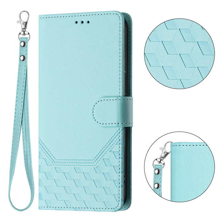 For iPhone Air Case Imprinted Honeycomb RFID Blocking Leather Phone Cover with Strap - Mint Green - 4
