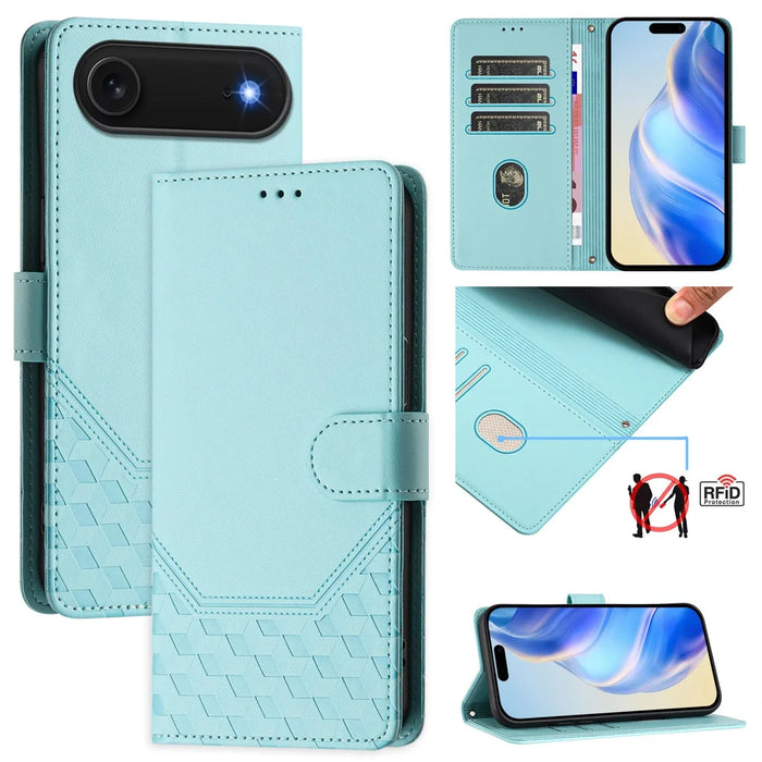 For iPhone Air Case Imprinted Honeycomb RFID Blocking Leather Phone Cover with Strap - Mint Green - 5