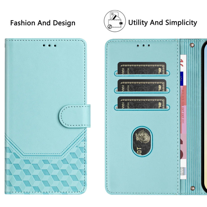 For iPhone Air Case Imprinted Honeycomb RFID Blocking Leather Phone Cover with Strap - Mint Green - 6