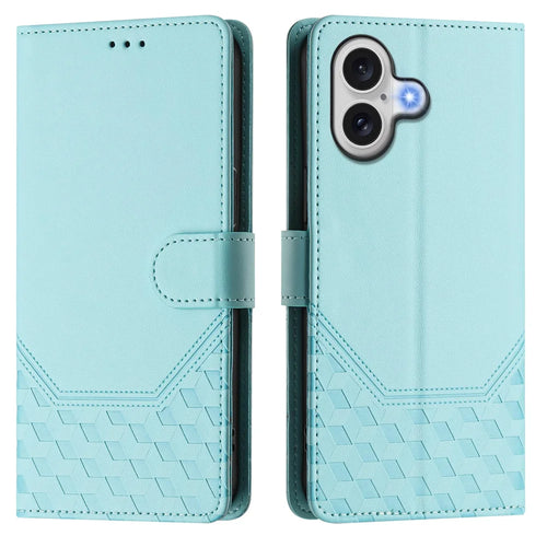 For iPhone 17 Case Imprinted Honeycomb RFID Blocking Leather Phone Cover with Strap - Mint Green - 1