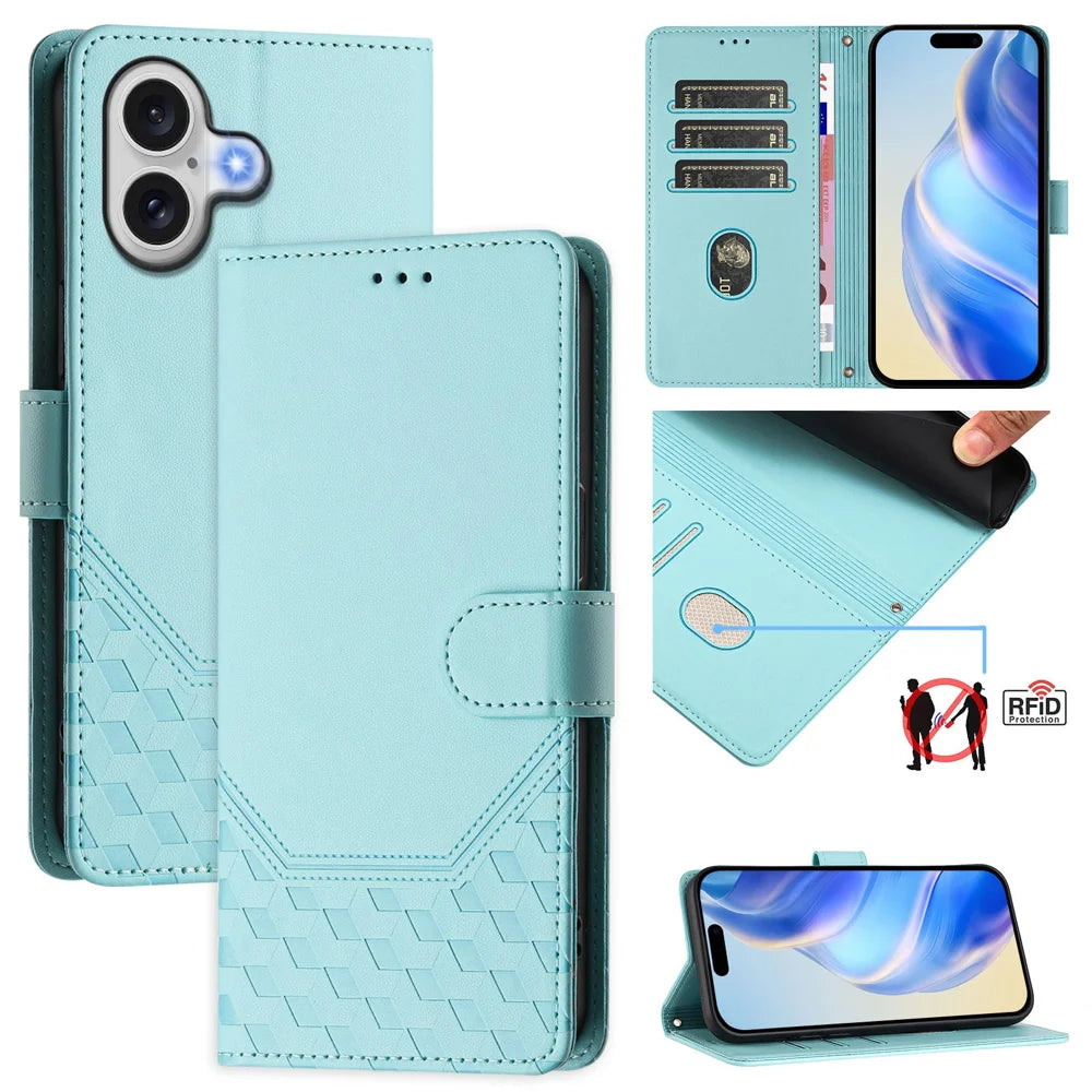 For iPhone 17 Case Imprinted Honeycomb RFID Blocking Leather Phone Cover with Strap - Mint Green - 5