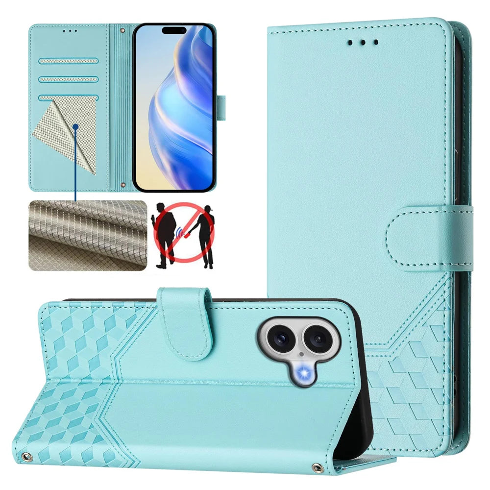 For iPhone 17 Case Imprinted Honeycomb RFID Blocking Leather Phone Cover with Strap - Mint Green - 6