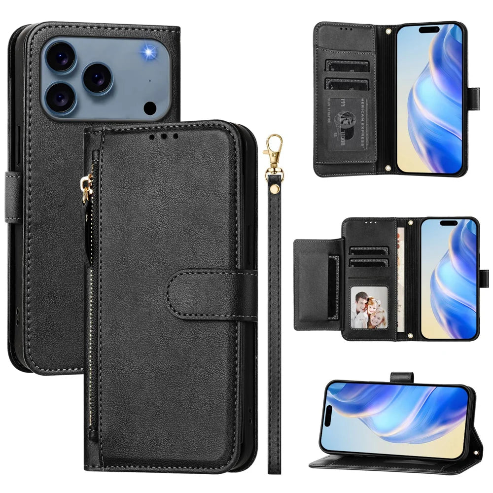 For iPhone 18 Pro / 17 Pro Case Zipper Pocket Multiple Card Slots Leather Phone Cover - Black - 1